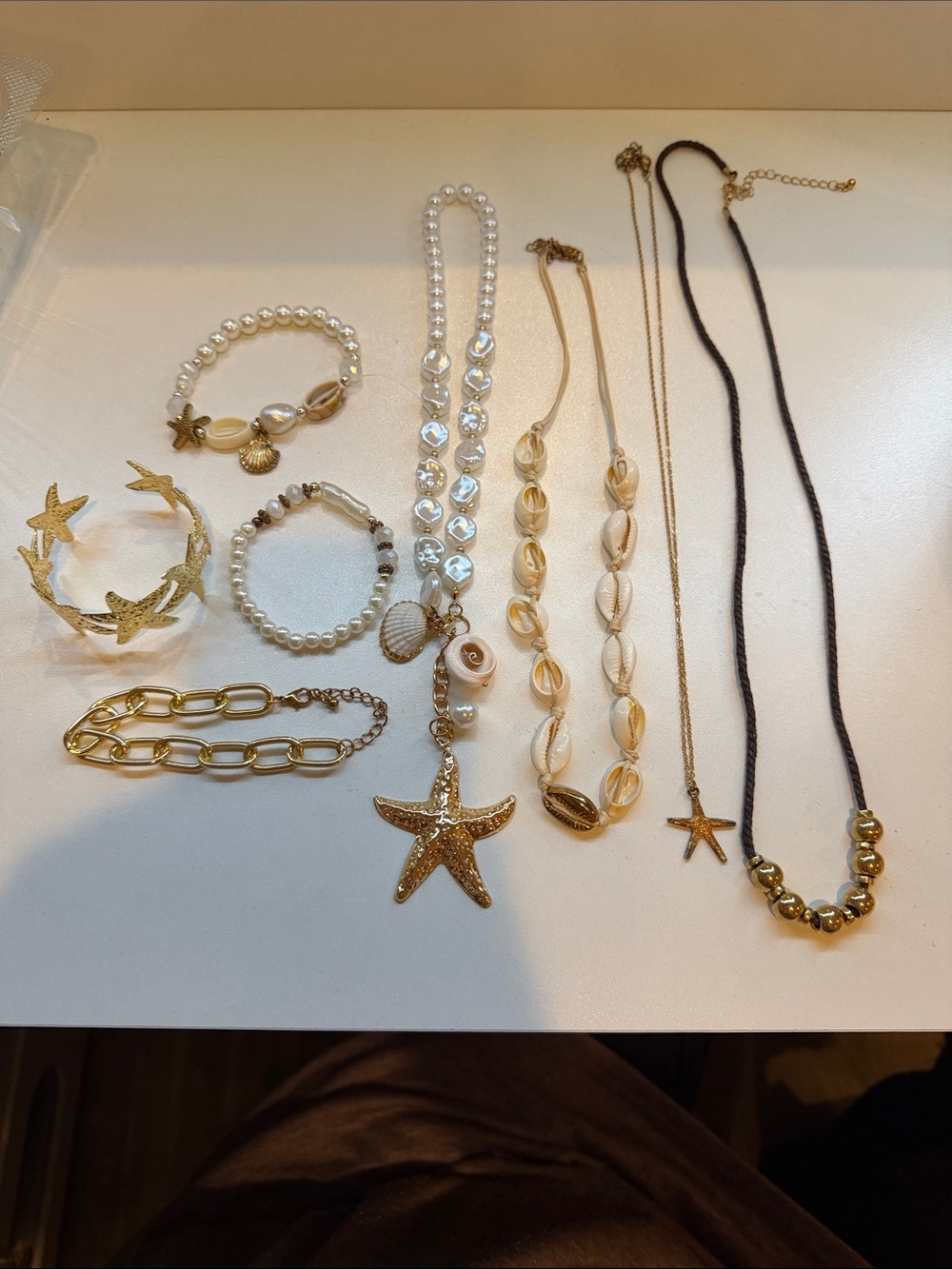 Gold and Pearl Beach Charm Necklace & Bracelet Set
